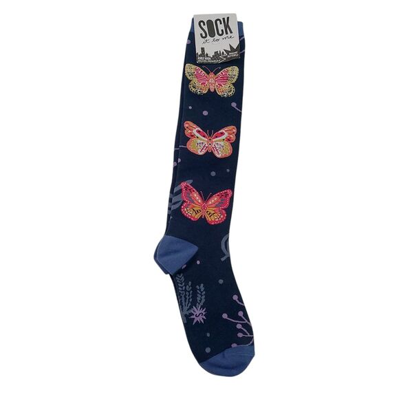 Sock it to Me Knee High Socks Womens Small Navy Madame Butterfly Cotton Blend - Picture 1 of 8